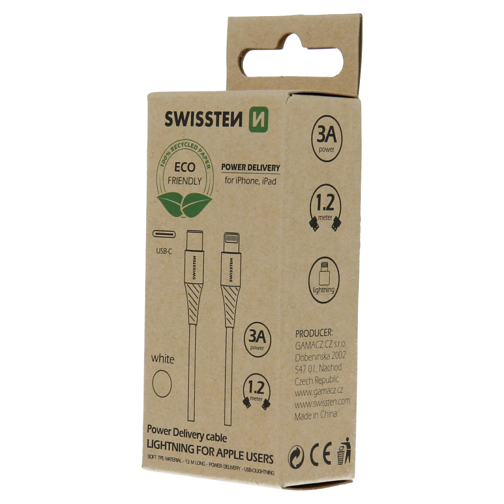 Dátový kábel Swissten  USB-C/LIGHTNING - biely 1,2M (ECO)